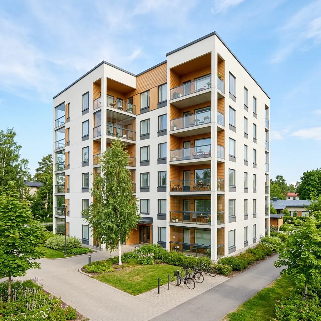 Moderni suomalainen kerrostalo. Kerrostaloasunnon kuntotarkastus auttaa asuntokaupoissa.